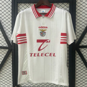 Camiseta retro vintage Benfica blanca con patrocinador Telecel Primeira Liga Portugal 2025/26 polo rayas rojas tejido transpirable anti sudor | kkgooles