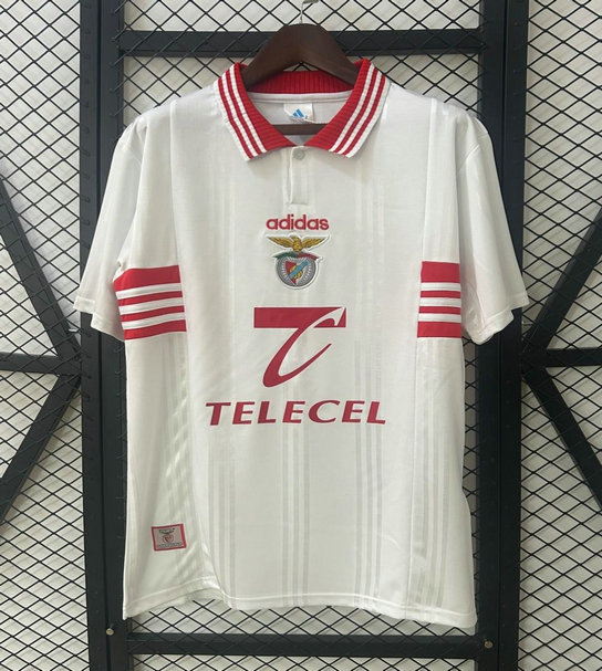 Camiseta retro vintage Benfica blanca con patrocinador Telecel Primeira Liga Portugal 2025/26 polo rayas rojas tejido transpirable anti sudor | kkgooles