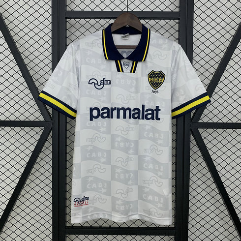 Camiseta segunda vintage Boca Juniors blanca patrocinador Parmalat marca Olan Liga Argentina 2025/26 estampado sutil CABJ tejido transpirable anti sudor | kkgooles